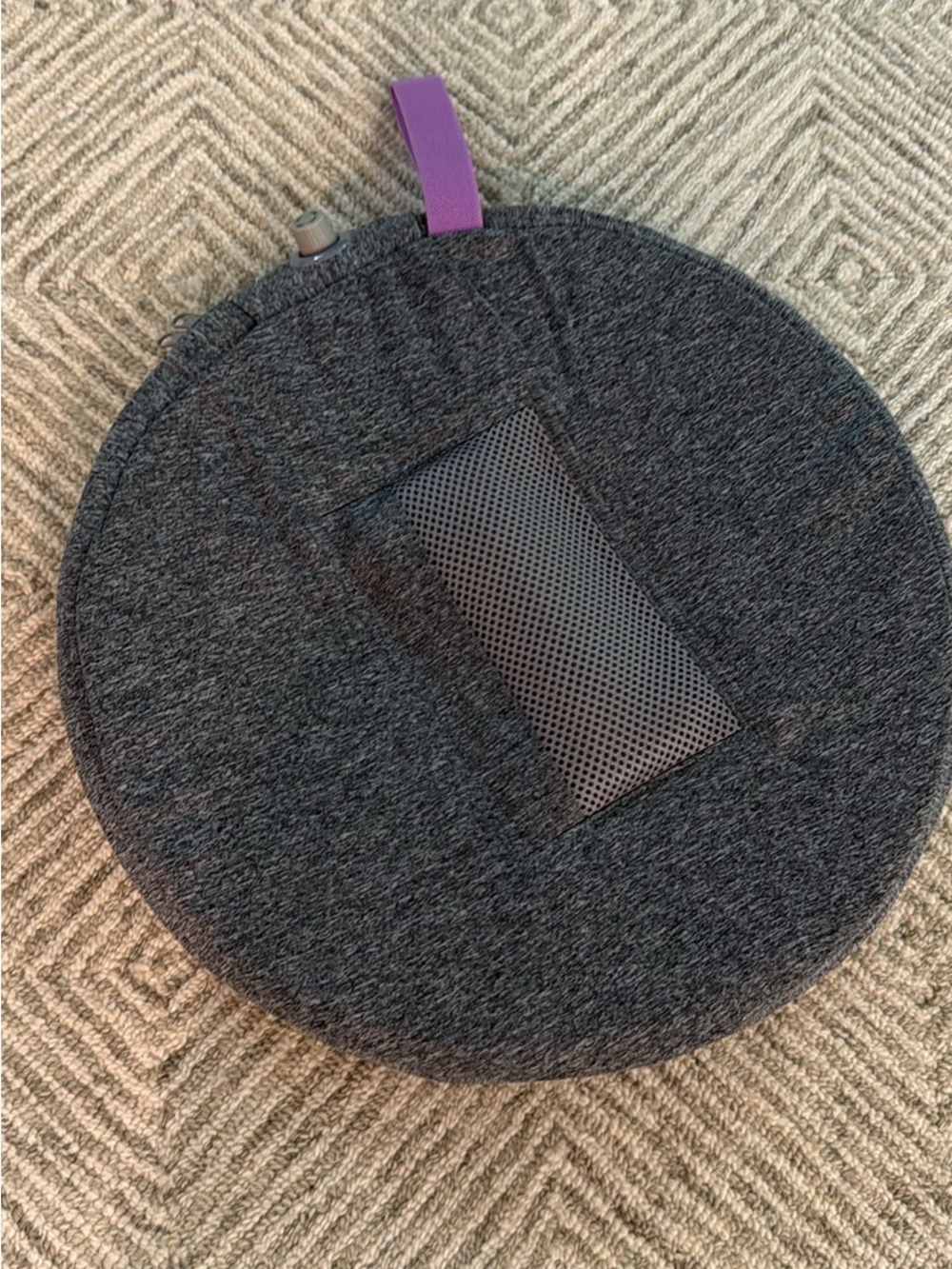 Charcoal Gray Round Travel Pillow with Purple Loop